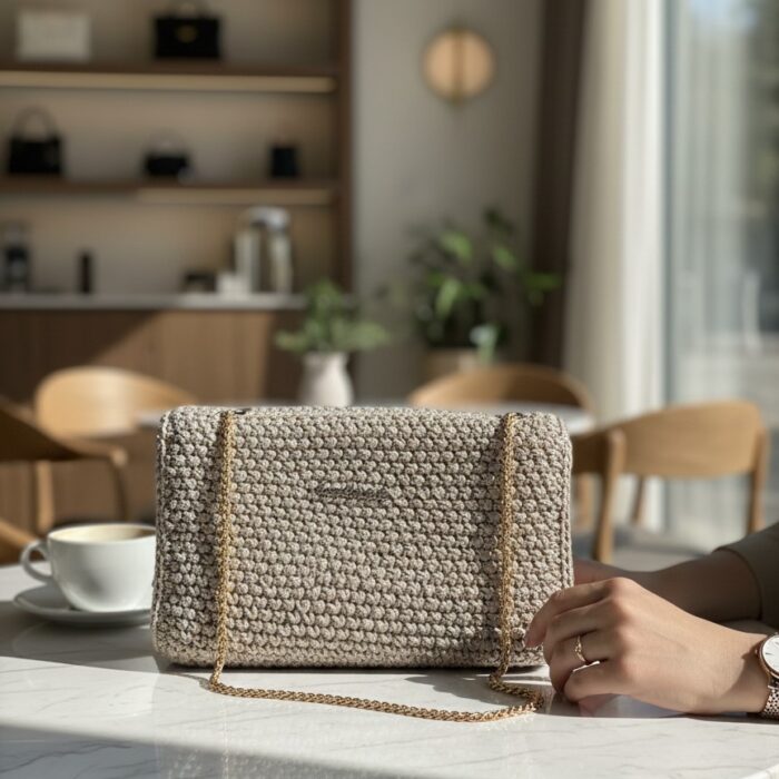 Lotus Model bej el örgüsü omuz çantası
